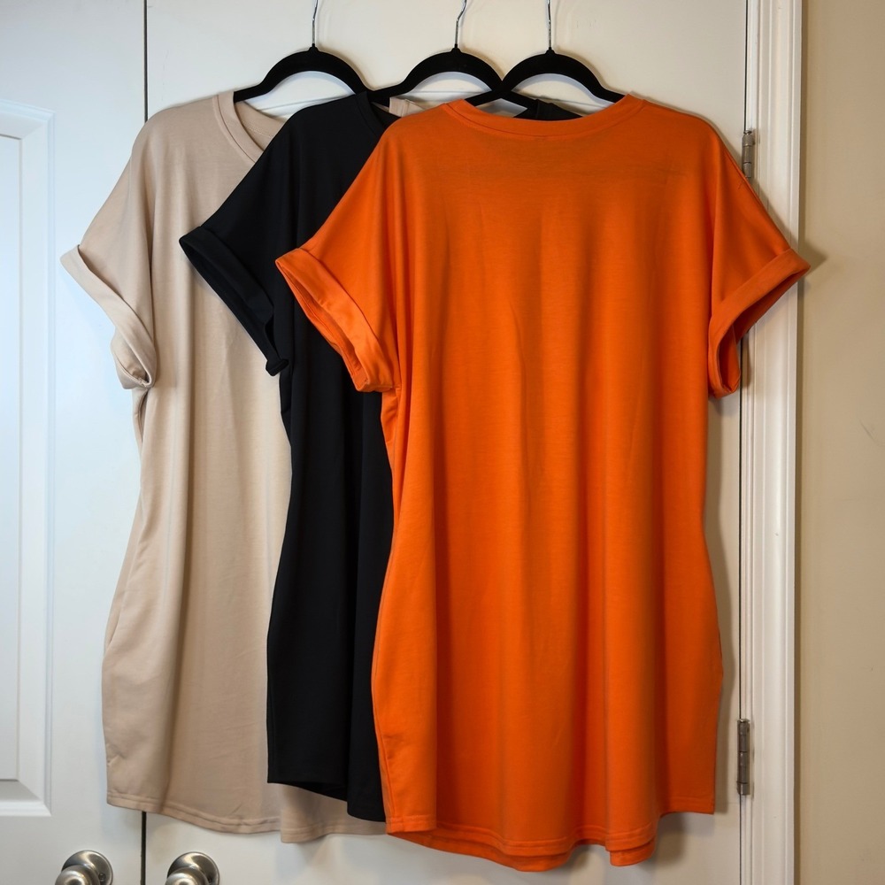 NWOT Set/3 Sz XL T-Shirt Dresses Orange Black Tan Cuffed Sleeve Pockets Bundle - Picture 2 of 11